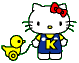 Hello Kitty character with red bow, blue overalls with yellow 'K', holding a yellow duck on a string; left pose shows neutral expression while right pose raises one hand.
