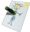 A cartoon figure lies on a white sheet with yellow suns, holding a green cylindrical object; the left leg is gray while the right leg is blue.