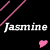 Pixelated text 'Jasmine' appears twice on a black background with pink diagonal lines and a small pink heart shape.