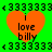 Four identical orange hearts on a bright green background, each containing black text reading "i love billy" with pixelated borders and repeated numeric patterns above and below the hearts.