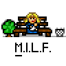 Animated pixel art contact sheet showing a sequence of frames where characters on park benches transition between sitting alone and interacting with two white stick figures, all labeled "M.I.L.F." below each frame.