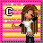 Pixel art of a girl with long brown hair, white crop top, black sleeves, and checkered pants against pink-yellow striped background with white stars and a 'C' symbol.