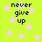 Bright green background with scattered pink stars and blue text reading 'never give up' in four separate blocks.