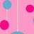Pink background with scattered blue and pink circular shapes connected by light vertical lines.