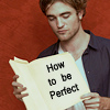 A person with light brown hair wearing a dark blue button-up shirt over a white undershirt holds a yellowed paper with black text reading 'How to be Perfect' against a solid red background.