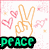 Animated icon with four quadrants: peace sign, hearts, 'PEACE' text; smiley face, 'HAPPINESS' text; 'LOVE' text over sepia photo; empty gray space.