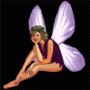 A fairy with light brown hair and green leaf crown sits in a crouched pose, wings spread against black background.