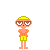 Pixelated character in yellow swimwear and cap with brown sunglasses, shown across six poses on gray background.