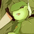Green cartoon character with white hair and closed eyes, holding a large light-colored object against a green background.