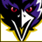Pixelated icon of a stylized bird-like face with purple hair, red eyes, and a white beak against a black background with yellow accents.