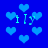 Blue background with scattered light blue hearts and cyan text 'fly' in pixelated font, animated heart shapes shifting positions.
