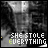 A grayscale anime-style character with a blurred background, overlaid with multicolored text reading "SHE STOLE EVERYTHING" and animated pixel dots moving across the frame.