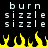 Pixelated text 'burn burn sizzle sizzle sizzle sizzle' above yellow flame shapes on black background.