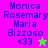 four pixelated buddy icons with blue text reading "Monica Rosemary Maria Bizzoso <33" and a star symbol, displayed on pink and green backgrounds