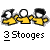 Pixelated static image of three yellow cartoon figures with black outlines and white eyes, positioned side-by-side above the text "3 Stooges" on a gray background.