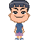 Pixelated character with dark blue hair, wearing a blue shirt and purple shorts, shown in six static poses against gray background.