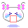 A 4-frame pixel art animation of a white round character with pink bows, blue tears, and gray antennae on a gray background, showing sequential changes in tear flow and small blue square particles.