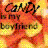 Pixelated orange background with 'Candy is my boyfriend' text over candy shapes, red and green fruit icons on white, apple-themed speech bubble on blue.