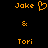 Pixelated orange text and symbols on black background: 'Jake' with heart symbol, '&' ampersand, 'Tori' arranged vertically.