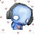Pixelated blue skull with dark gray outline, white eye sockets, and pink heart symbols scattered around on a white background.
