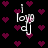 Black background with repeating magenta hearts and white text reading "i love dj" in a stylized font, with visible pixelation and animation changes across frames.
