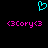 A cyan pixelated heart symbol above two identical pink text strings reading '<3cory<3' on a black background.