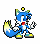 Pixelated blue anthropomorphic fox with red chest, white gloves, yellow shoes, and a yellow circular symbol on its head, standing in a dynamic pose with a flame-tipped tail.