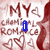 A static image with red and white tones featuring text 'MY chemical romance' in stylized fonts, heart symbols, and a blue 'i' icon over the word 'chemical'.