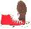 A pixelated static image shows a figure in dark clothing standing beside a large red rectangular object on a light background.