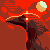 Pixelated figure in dark robe with glowing cross, red background, and light-colored circular object above right shoulder.