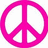 A pink peace symbol sits above a black-and-white shield-shaped emblem with ornate borders and stylized lettering.