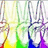A static pixelated image with a rainbow gradient background transitioning from red to purple, featuring vertical bands of yellow, green, blue, and purple hues.