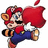 Pixelated character in red cap and blue overalls with red cape, holding a black and orange object, standing against white background.