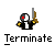 Pixel art buddy icon featuring a robot-like character with red eye, black and white body, yellow accents, holding brown sword against gray background with "Terminate" text below.