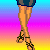 Pixelated character with long brown hair and white headband, wearing pink crop top and dark blue shorts against gradient background.