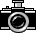 Pixelated camera icon with black body, silver lens, and flash; one version shows orange burst over lens.
