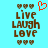 Pixelated icon with brown text "Live Laugh Love" on cyan background, surrounded by heart symbols; one red heart symbol animates from closed to open.