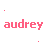 Static image with repeated pink text 'audrey' on white background, scattered plus signs and dots in matching color.