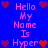 Blue background with pink text reading 'Hello My Name Is Hyper' and pixelated hearts in purple, red, and magenta. Animated hearts change color between frames.