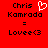 Red background displays black text 'Chris Kamrada = Lovee<3' with a white heart symbol above the name on left side.