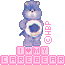 Pixelated Care Bear icon with blue fur, white chest emblem, and pink text elements on gray background.