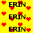 Yellow background with red pixel hearts and black text 'ERIN' in a pattern, showing animation changes across frames