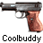 Pixelated static icon of a handgun with brown grip and metallic barrel, positioned horizontally against white background, with "Coolbuddy" text below in blocky pixel font.
