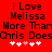 Red background with black pixelated text reading "I Love Melissa More Than More Than Chris Does" and six white/pink heart symbols below.