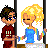 Pixel art of two characters holding hands, one with dark hair in a red shirt and the other with blonde hair in blue clothing, next to text reading "Me ♡ and my Boy!" on a light blue background.