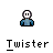 Pixelated character in blue shirt with white face and black eyes, performing sequential animation cycles against gray background with repeated text.