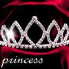A diamond tiara with red fabric drapes and the word 'princess' in silver script below it.