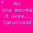 A bright pink background with repeated pixelated text "No one moves it like... Carolina!!" and small purple stars scattered throughout.
