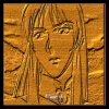 Wooden-textured image of a character with long hair and bangs, next to text listing name, origin, and type.