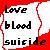 Pixelated text reads 'love blood suicide' in black block letters on a white background with red border, surrounded by red and white pixelated edges.